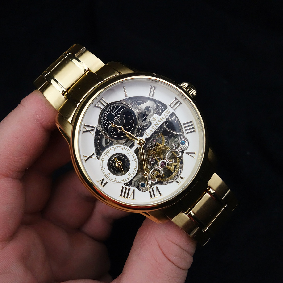 Montre EARNSHAW Longitude homme automatique acier noir bracelet cuir marron