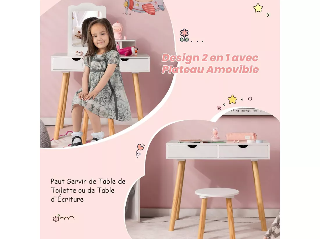 Coiffeuse 2 en 1 pour Enfants avec Tabouret Mignon, Table de Maquillage en Bois pour Enfants avec Miroir Rectangulaire et 2 Grands Tiroirs, Cadeau De Noël/Anniversaire Parfait, Blanc
