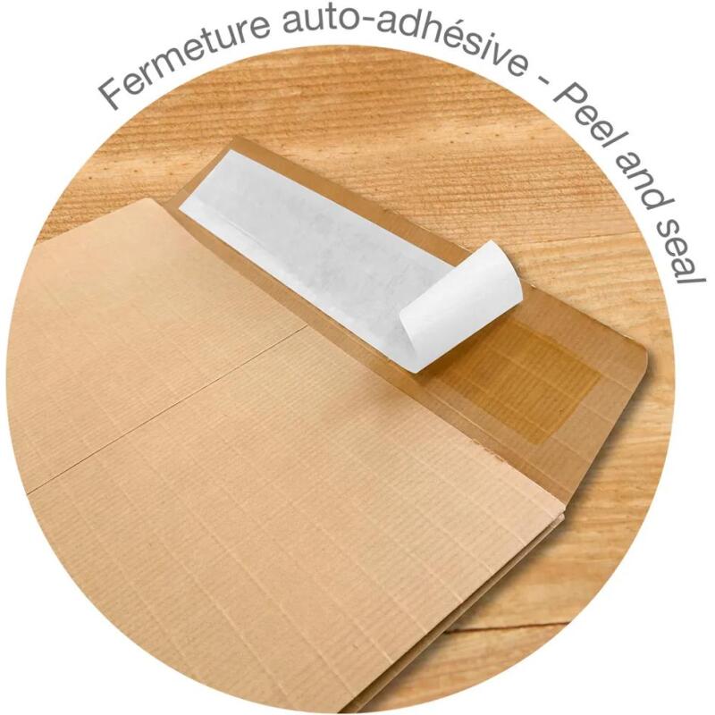 Boite de 125 Pochettes Kraft Armé Brun C4-229x324 mm avec Soufflet de 30 mm - Auto-Adhésives - 130g/m2 - Brun