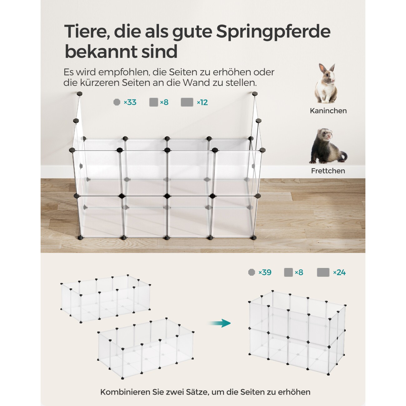 SONGMICS 2er set L-XL Freigehege mit Bodenplatten weiß 1,25 m, 63 cm, 42 cm