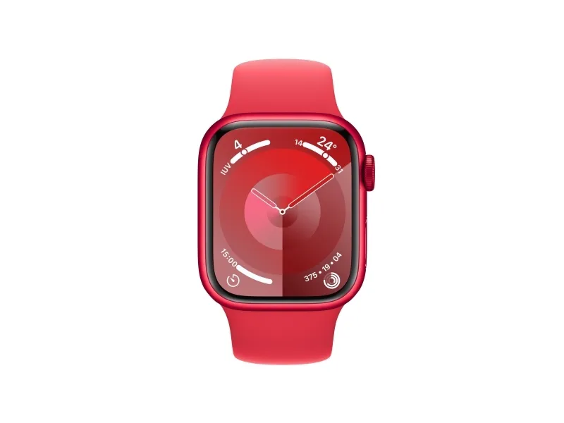 [OUTLET] - Apple Watch Series 9 (GPS) - (PRODUCT) RED - 41 mm - rød aluminium - smart ur med sportsbånd - fluoroelastomer - rød - båndstørrelse: S/M - 64 GB - Wi-Fi, Bluetooth, UWB - 31.9 g