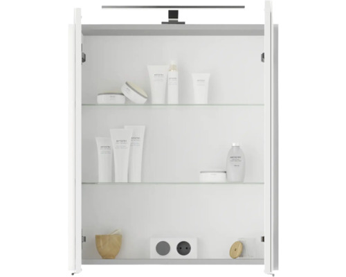 Pelipal Serie 4035 badkamermeubelset, BxHxD 60 x 200 x 45 cm, witte fronten. 3-delige badkamermeubelset bestaande uit een witte keramische wastafel, badmeubel en spiegelkast met LED-verlichting.