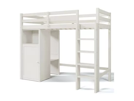Lit mezzanine 90x200 cm en bois de pin - avec armoire et étagères - Blanc