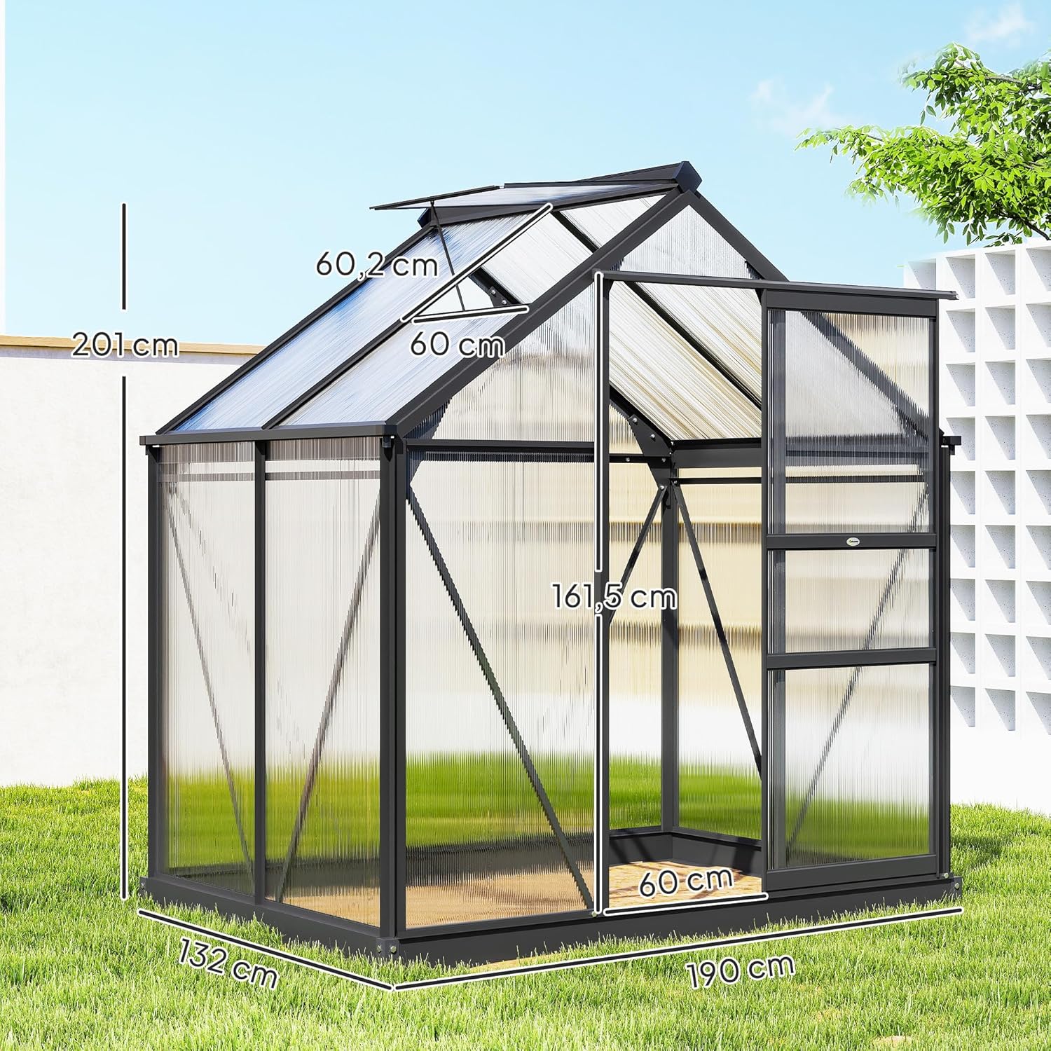 Outsunny Gewächshaus Aluminium Treibhaus mit Dachfenster Tür 190 x 132 x 201 cm Pflanzenhaus mit Fundament begehbares Tomatenhaus Witterungsbeständig Polycarbonat Grau+Transparent