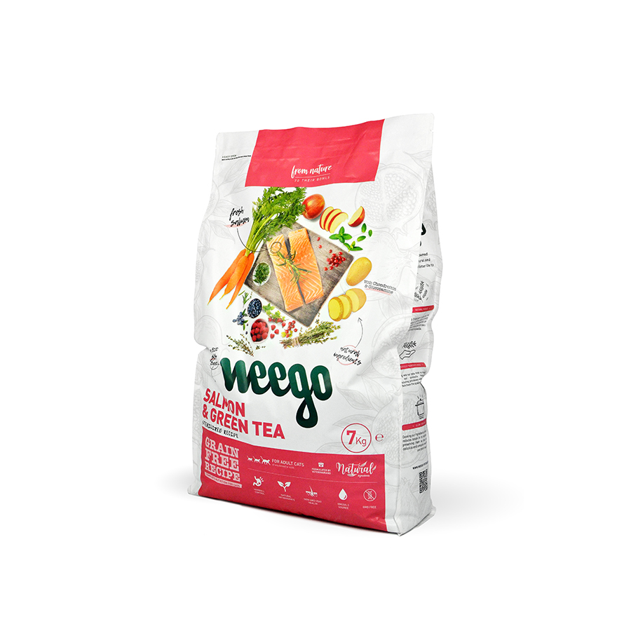 Alimento Weego para Gatos Esterilizados, Sabor Salmão e Chá Verde.
