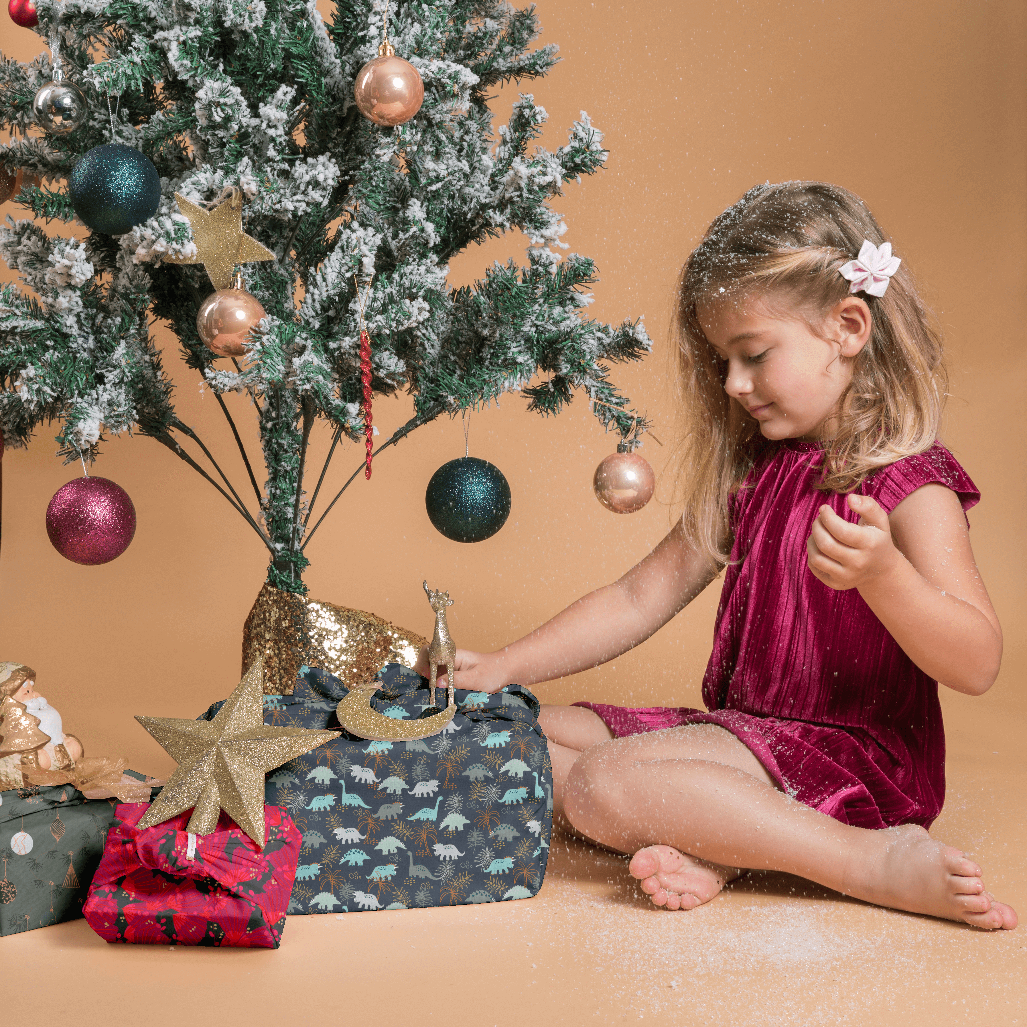 Furoshiki Moyen 48 X 48 Cm Ex2348 Boules De Noel Cuivré Vert Gris