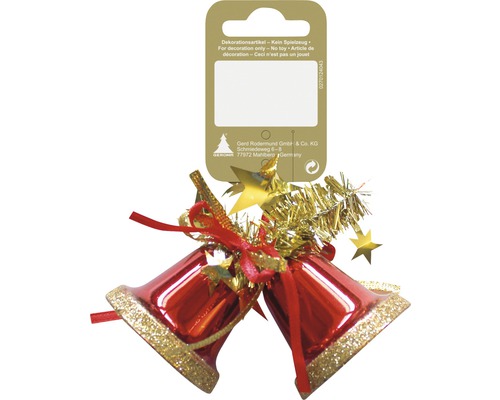 Kerstboomversiering, dubbele bel met decoratie, 5 cm, roodgroen