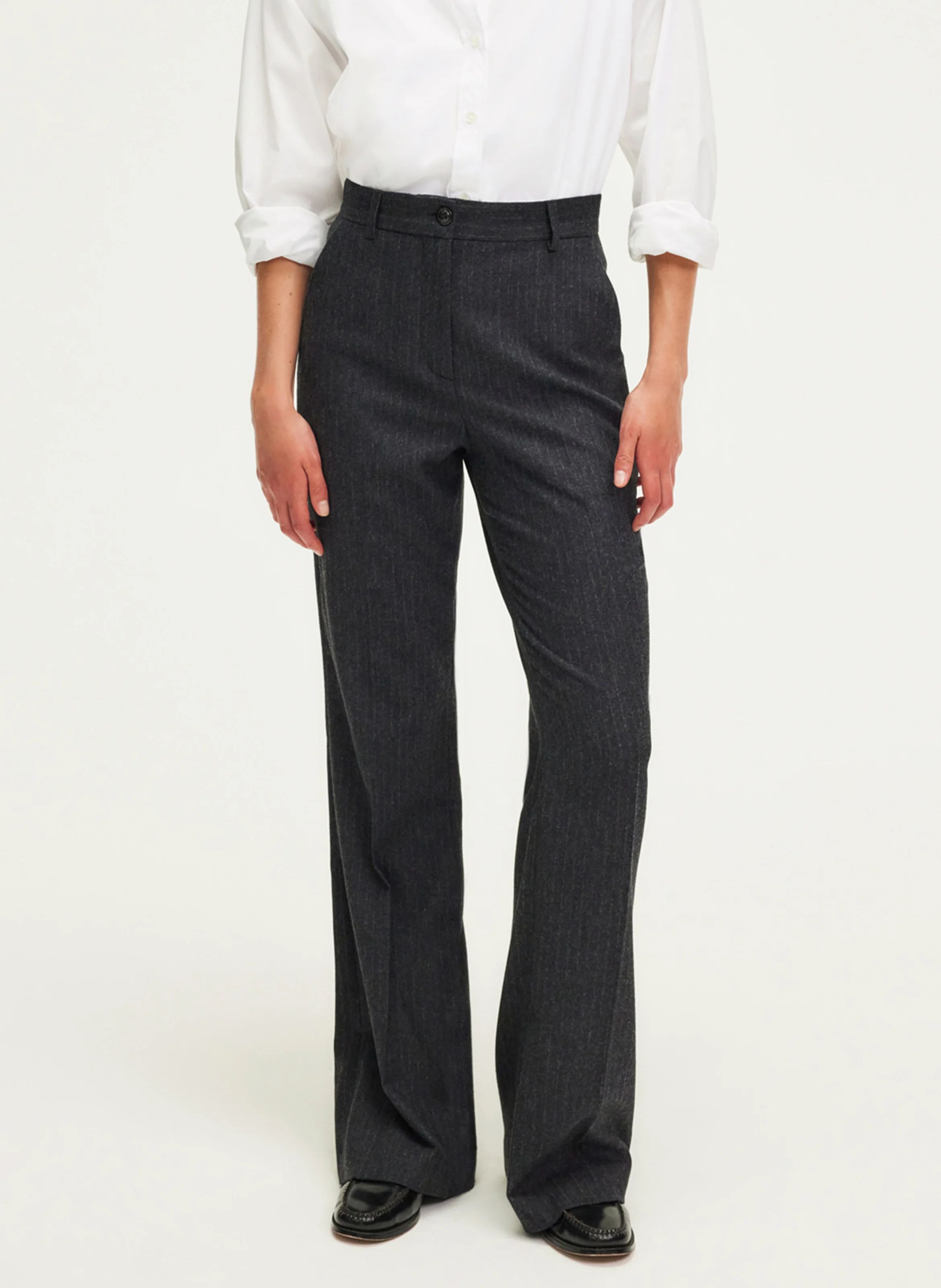 NATAELLE - Pantalon large rayé en laine mélangée | Gris