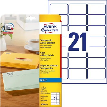 Avery Zweckform J8560-25 Adress-Etiketten,A4 63,5 x 38,1 mm, 25 Bogen/525 Etiketten, transparent