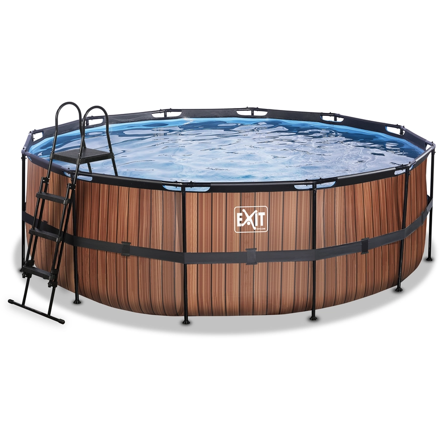 EXIT Frame Pool ø427x122cm (12v Kartusche Filterpumpe) – Holz optik
