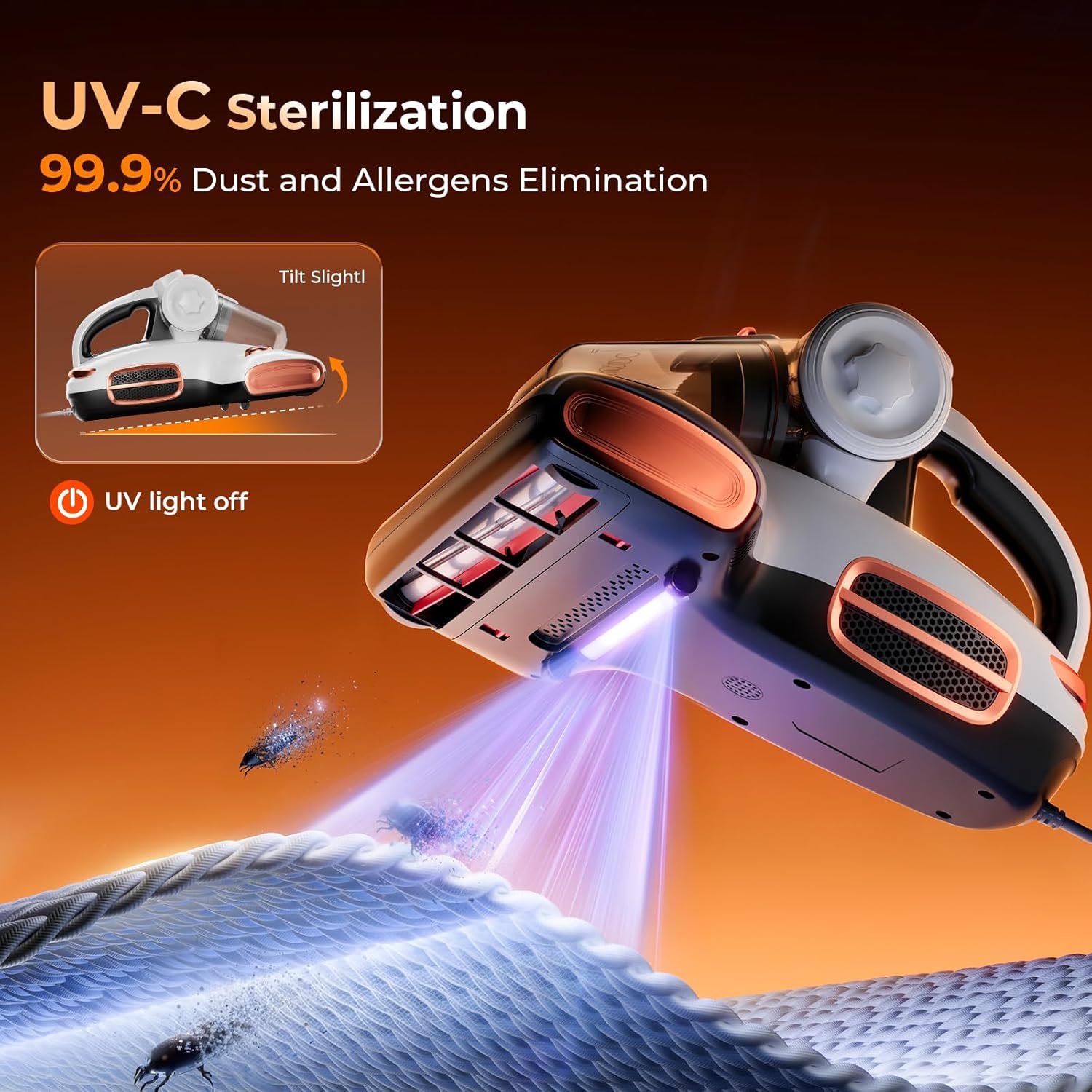 JIGOO T600 Milbensauger mit UV-Licht & Heißluft [700W/15kPa] – 99,9% Allergen-Entfernung, Duftende Negative Ionen, Für Matratzen/Sofas/Teppiche (Leise & Effizient)