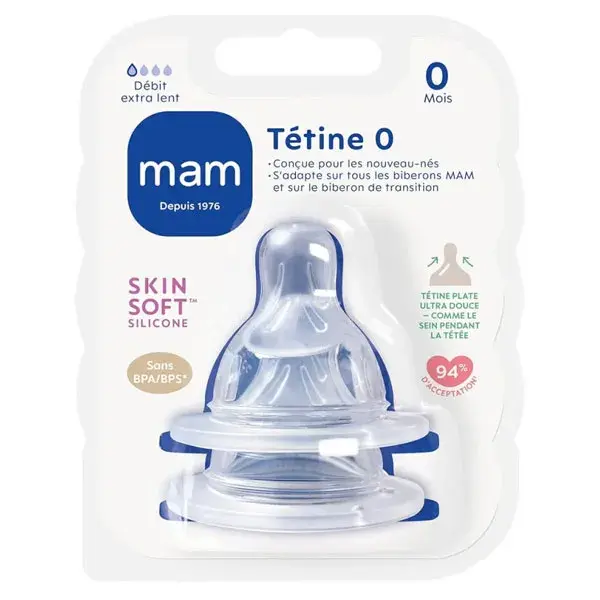 Acessórios para mamadeira MAM: Bico de silicone com fluxo de 0 a 0 ml (2 unidades)