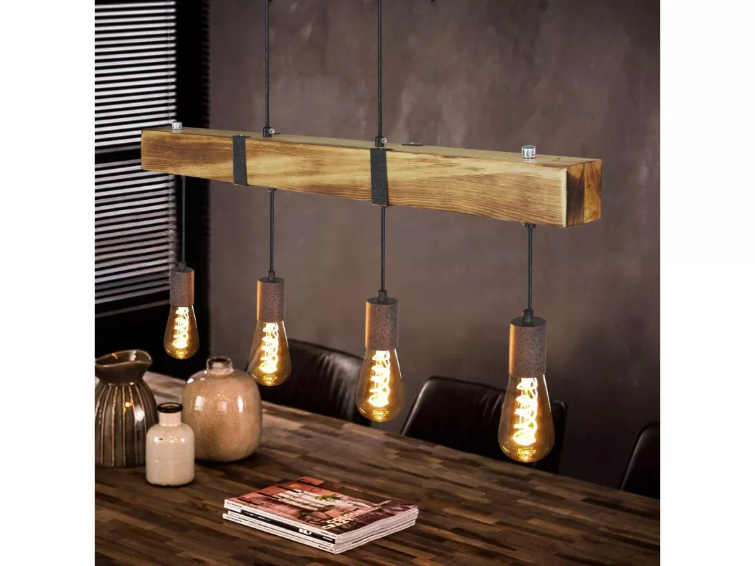 NETTLIFE Suspension 4 ampoules E27 Diam.80cm rétro avec poutre en bois Vintage pour salle à manger cuisine max.25W