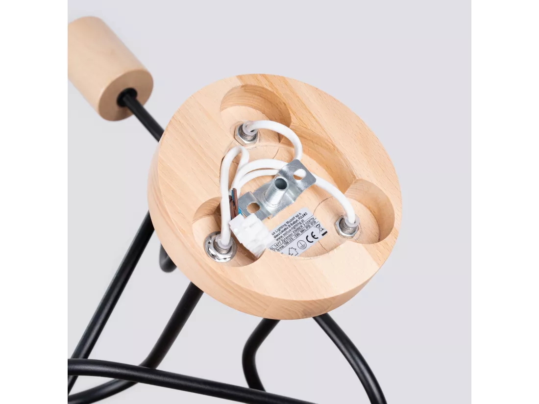 Lustre Ember minimaliste en acier/bois - 3 sources lumineuses - L.14 x H.26 cm - noir/bois naturel