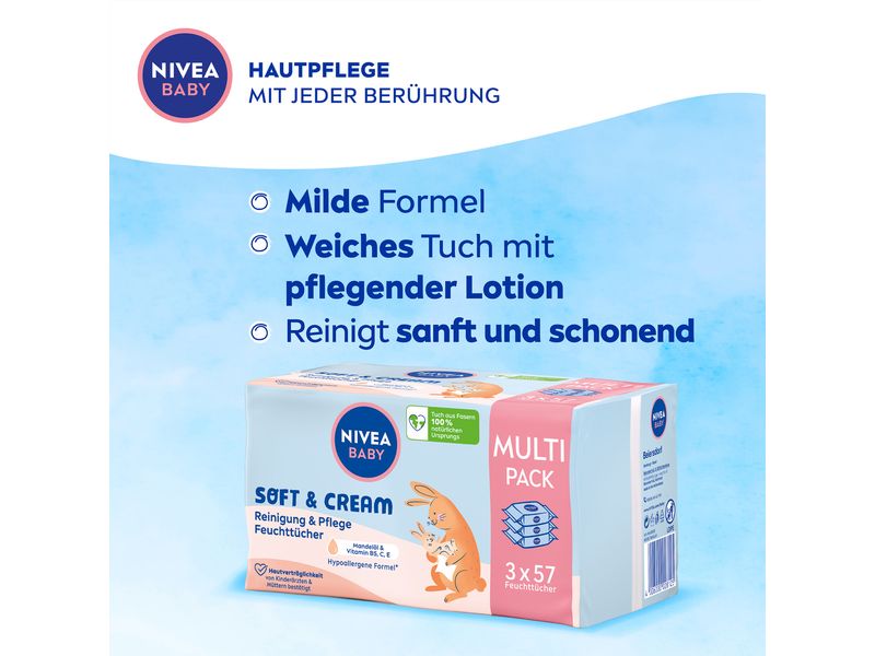 NIVEA BABY Feuchttücher Soft & Cream Trio 3 x 57 Stk. Feuchttücher reinigen sanft und sind besonders pflegend für die zarte Babyhaut