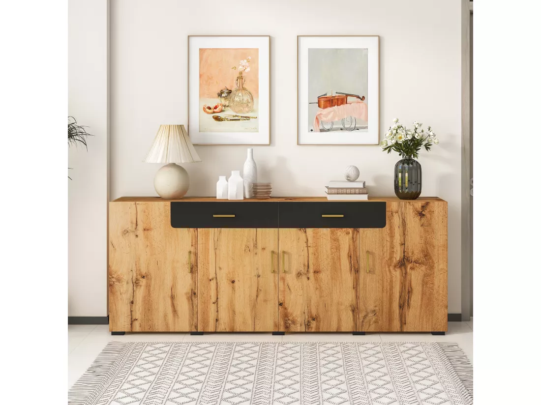 Buffet effet bois et noir 4 portes 2 tiroirs poignées dorés 208x39,5x80cm HERNON