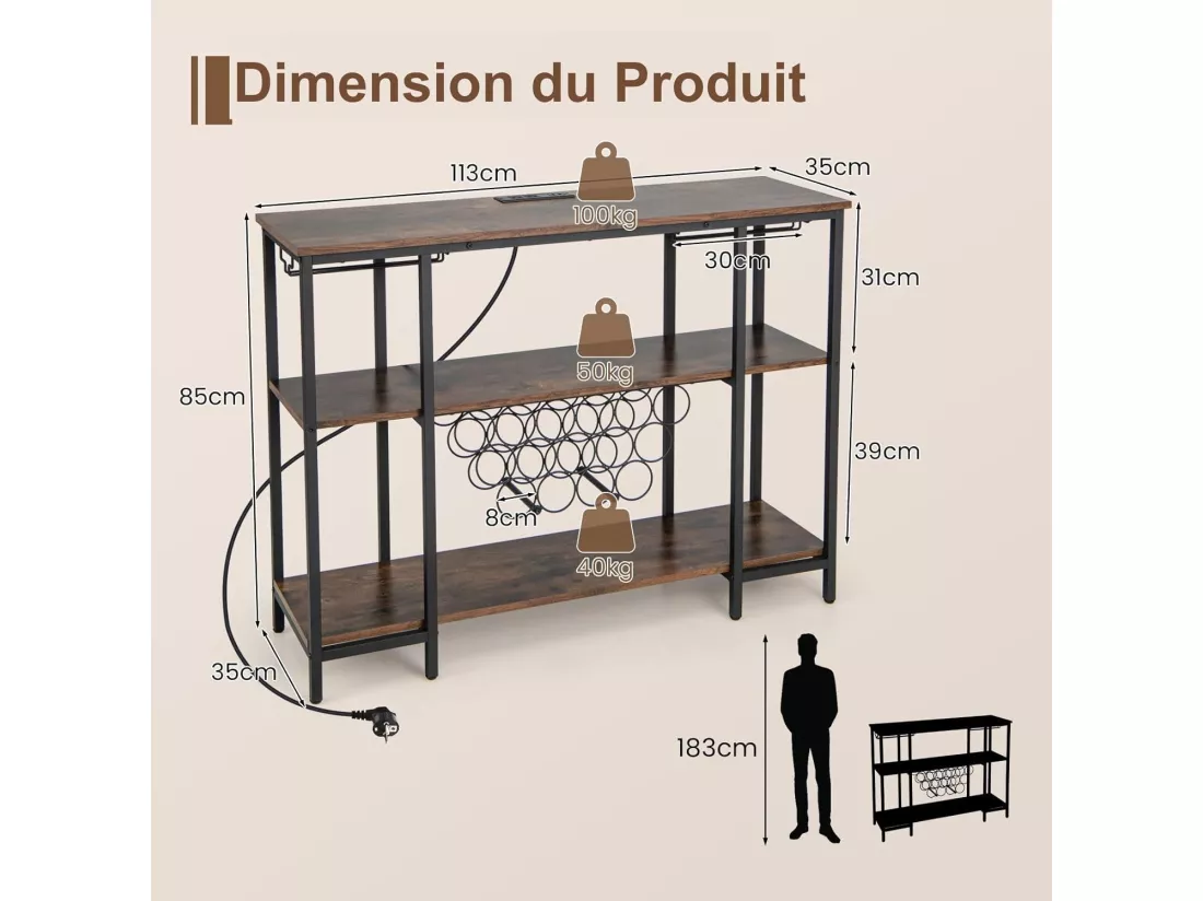 Étagère à vin 15 bouteilles, porte-verre, prises de courant, 2 ports usb (marron)