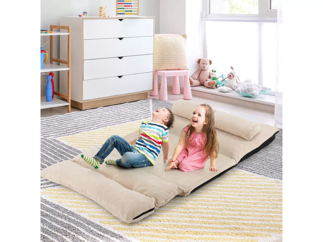 Canapé-lit Paresseux Pliable, Canapé Convertible avec Dossier Réglable à 42 Positions, Chauffeuse avec 2 Oreillers, pour Salon, Chambre, Balcon (Beige)