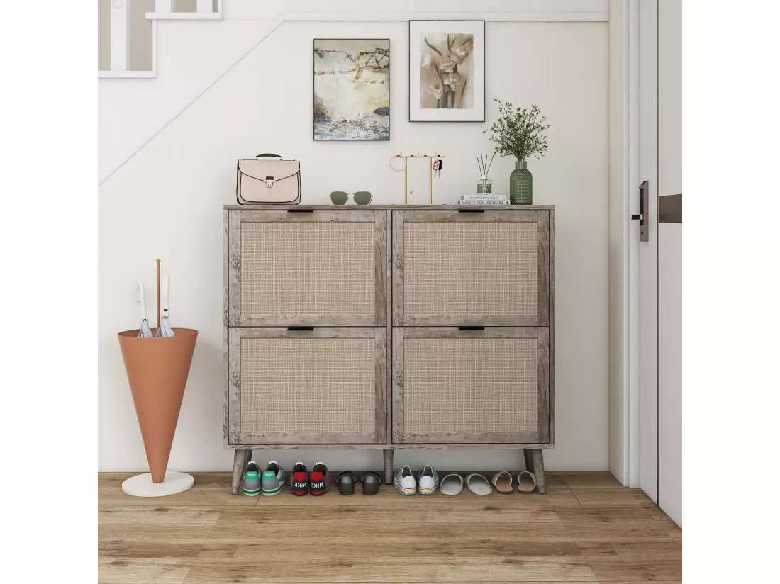 Meuble à chaussures rétro gris à 4 portes, avec look en rotin, double étagère, 105 cm, avec fond arrière, idéal pour couloir et espaces similaires