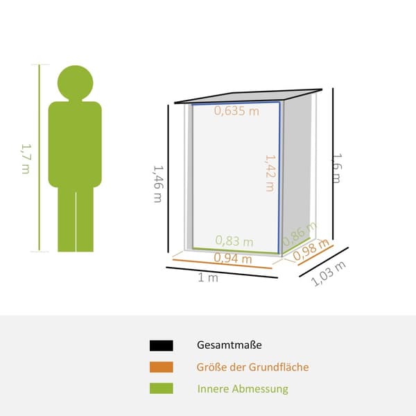 Verktøyskur hagebod 1 x 1 m hagebod i metall redskapsbod 0,92 m² galvanisert stål mørk grå