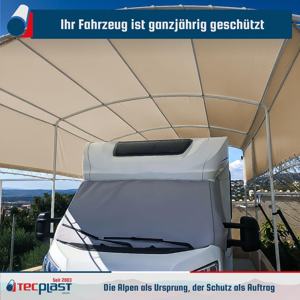 Tecplast Carport-Plane 3x6 m Dunkelbeige - 5 Jahre Garantie LP506CP - wasserdichte Schutzplane aus PVC für Carports