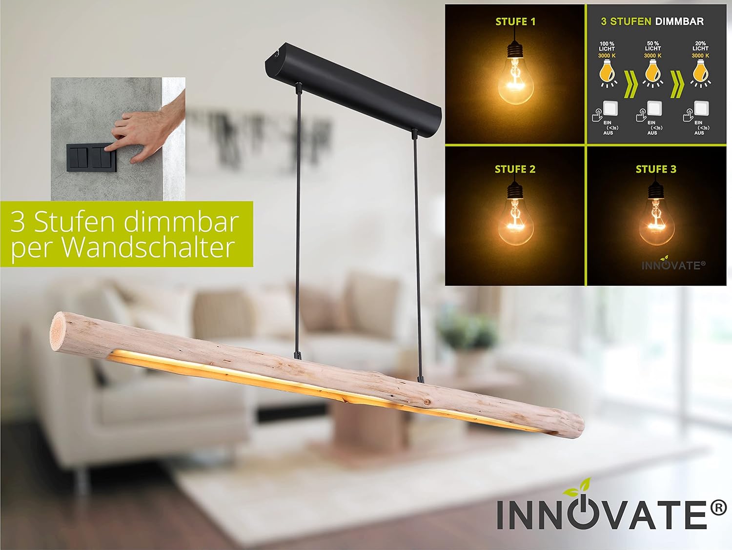 INNOVATE LED Pendelleuchte Holz 3 Stufen dimmbar ohne Dimmer – 120cm breite Hängelampe Holzbalken Rustikal - 3000K warmweiß Pendellampe Alu schwarz – 3 Step Dim Retro Hängeleuchte