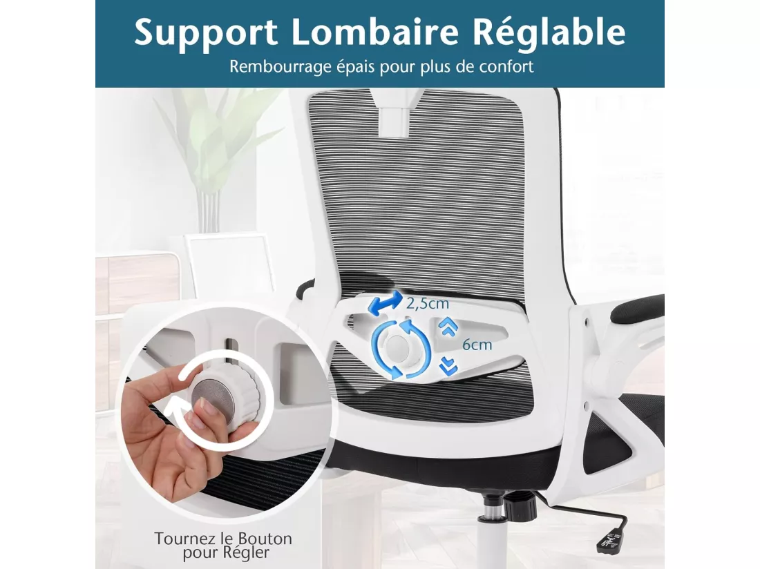 Chaise de Bureau Ergonomique, Chaise Pivotante avec Soutien Lombaire Ajustable & Dossier Basculant en Maille, Chaise d’Ordinateur avec Appuie-tête Ajustable et Accoudoirs Rabattables (Blanc)