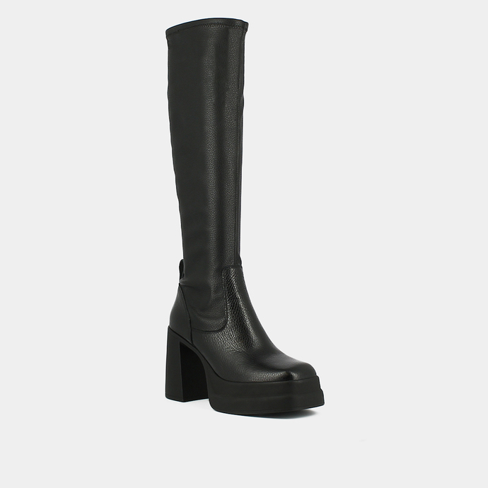 Bottes hautes à plateformes  en cuir grainé noir