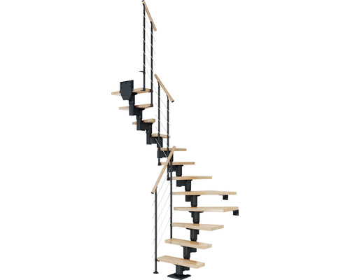 Pertura Spiros middentrap, antraciet, halve draai, 75 cm, beukenhouten leuning, gelakt, 11 treden / 12 stootborden