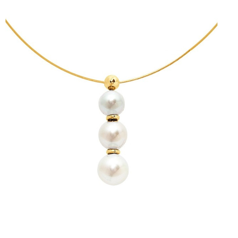 Collier Ras du cou Femme Cable en Or Jaune 750/1000 et 3 Perles de Culture Blanches