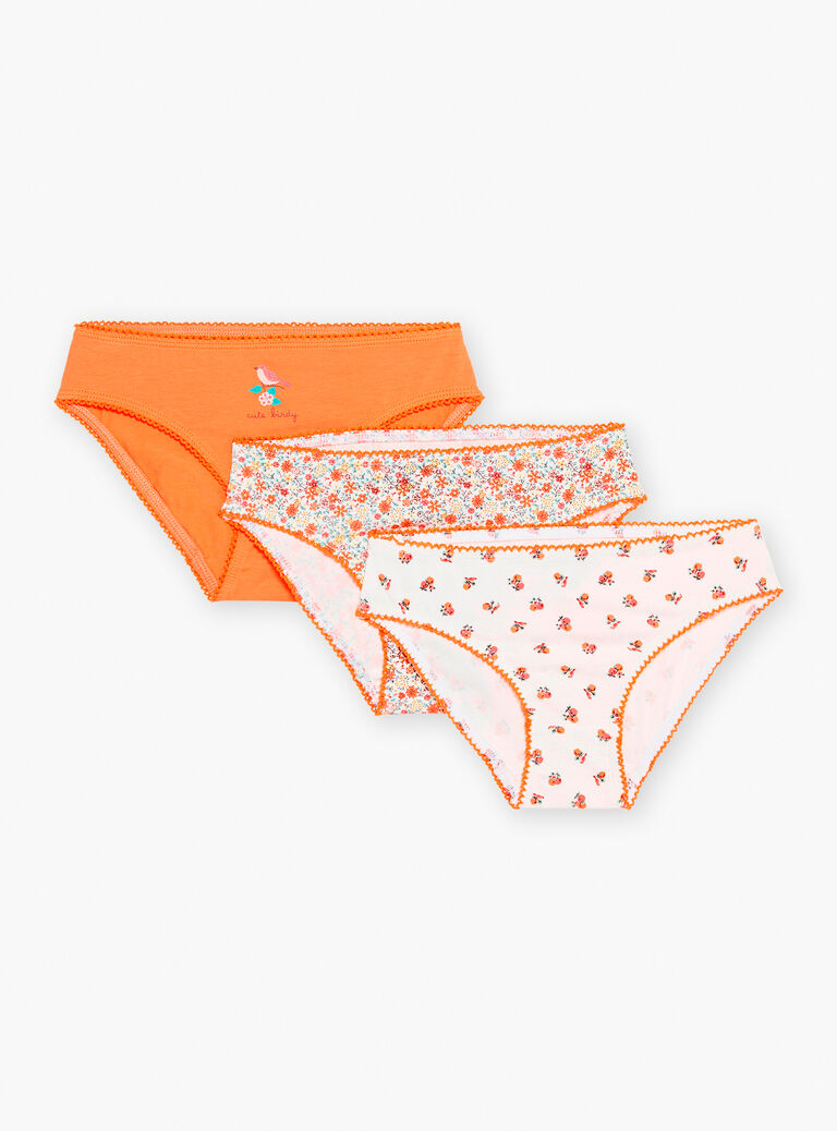 3 culottes écrues et orange à imprimé fleuri, pommes et à motif hirondelles