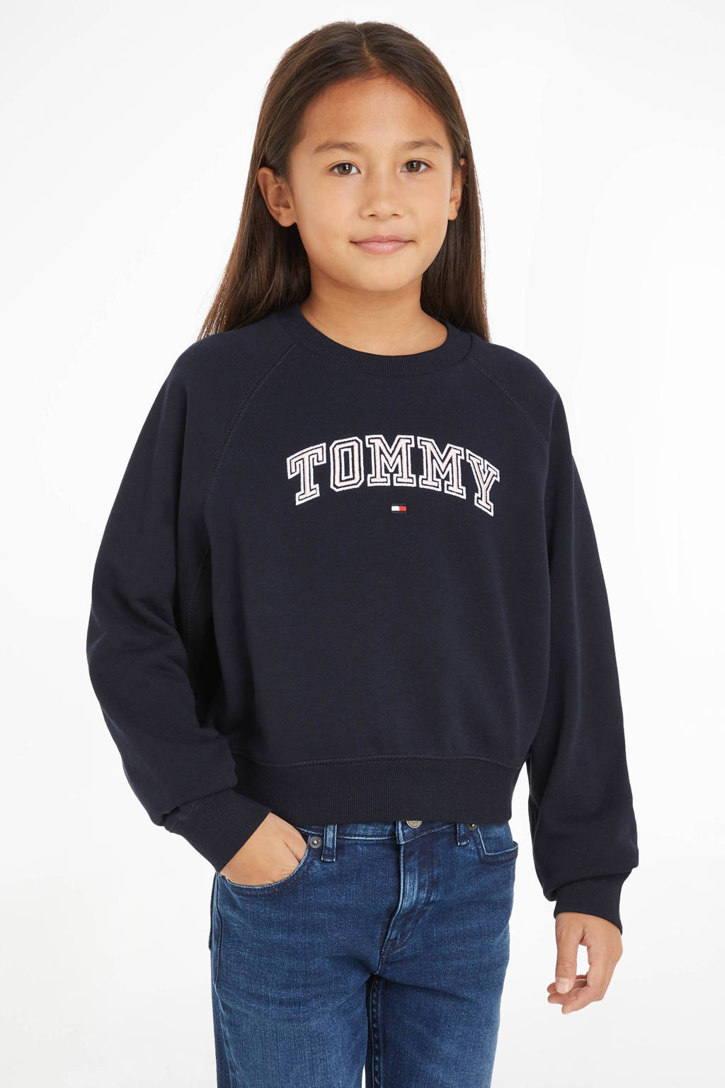 Tommy Hilfiger sweater met logo donkerblauw/beige