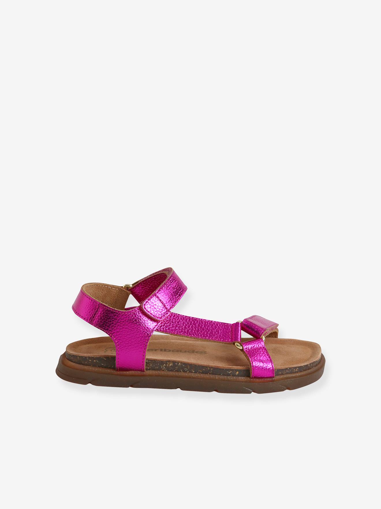 Sandálias de couro lilás com fecho de velcro para meninas