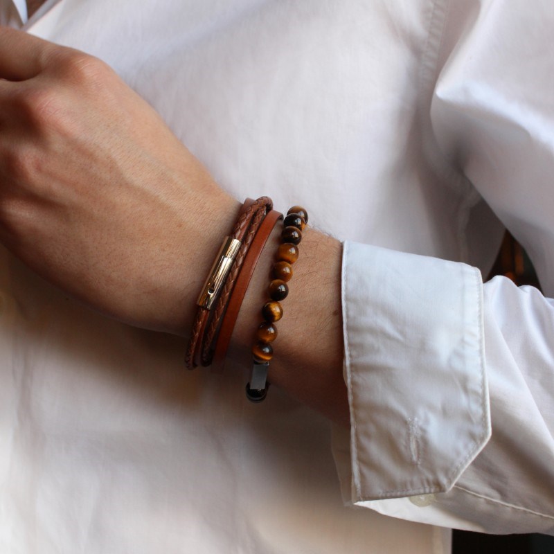 Bracelet cuir le mix cognac homme - gravure MON AMOUR