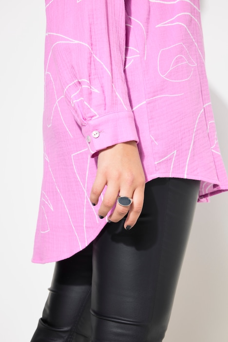 Hemdbluse, oversized, Musselin, Print, Langarm