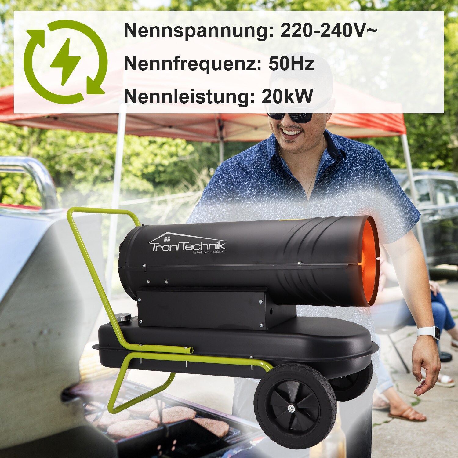 TroniTechnik® TT-HK-242 Heizkanone Dieselkanone Heizlüfter 20kW mit Handgriff, Rohrrahmen und Rädern, Bauheizer,19l Tank