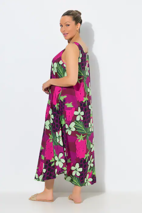 Midikleid, Blüten, A-Linie, Rundhals, ärmellos, weinrot