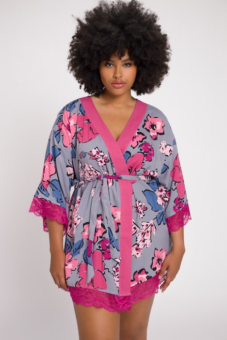 Morgenmantel, Blüten, V-Ausschnitt, 3/4-Arm, Kimono