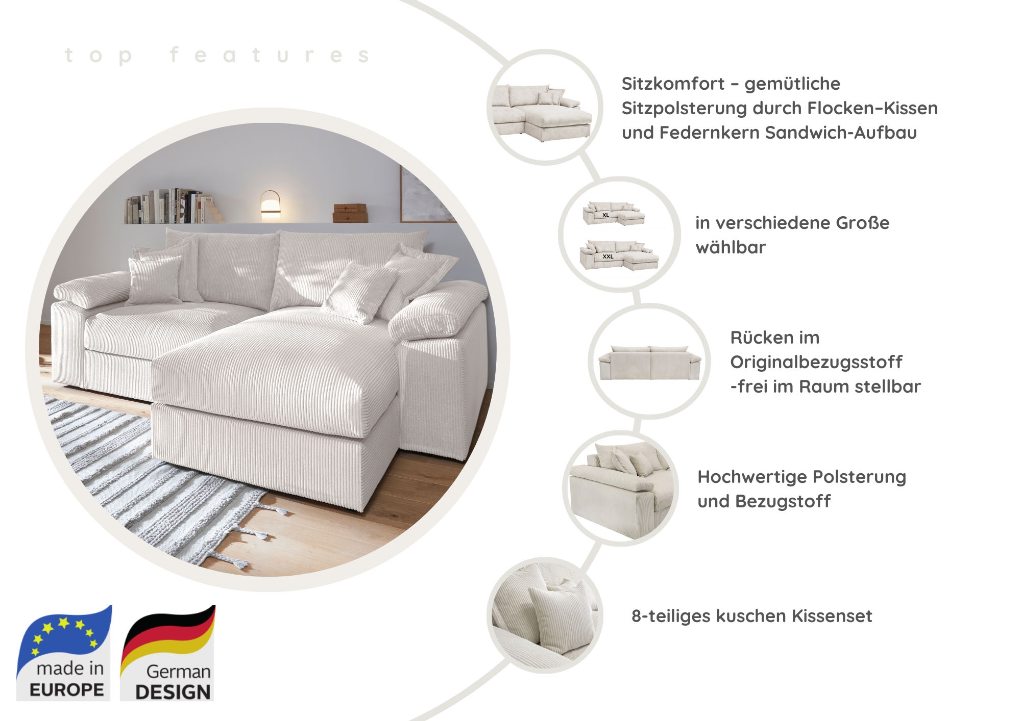 Home affaire Ecksofa »Soft&Cosy XXL L-Form, B: 303 cm« Mega-Sofa, Cord oder Chenille-Struktur, mit Federkern & 4 Zierkissen