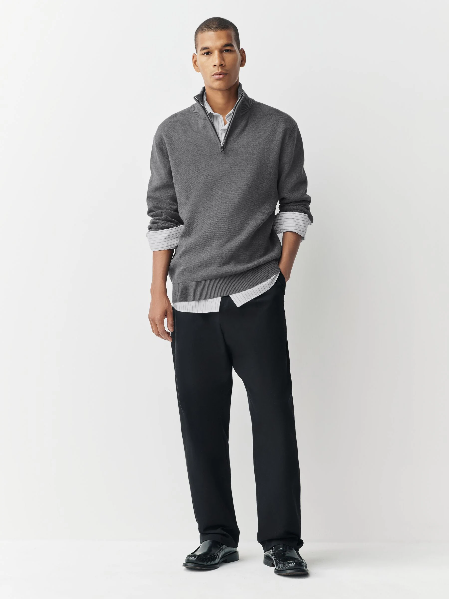 Antraciet - Effen - Regular fit 100% katoenen premium trui met korte rits