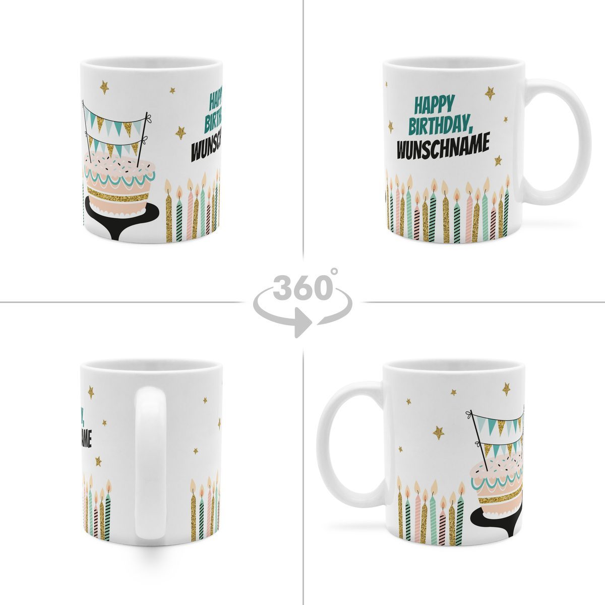 Personalisierte Panorama-Tasse, weiß (Motiv: Happy Birthday)