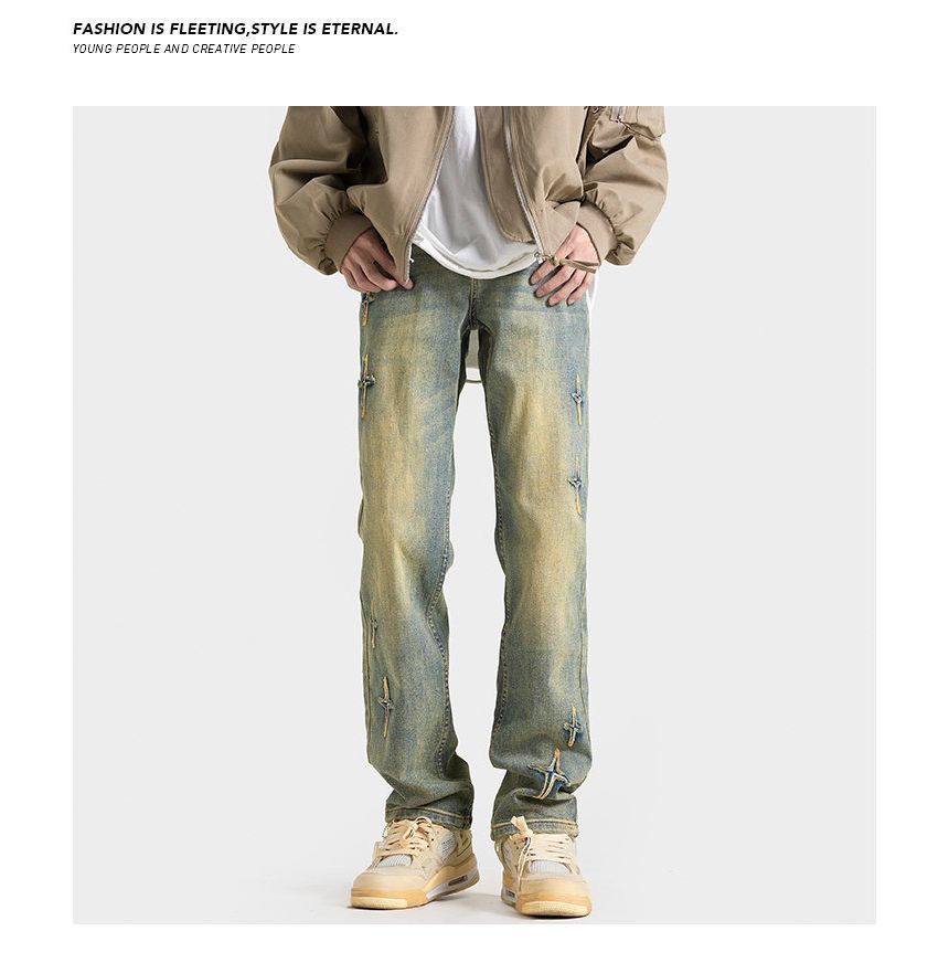 FOEV - Mid Rise Cross Applique Washed Loose Fit Jeans