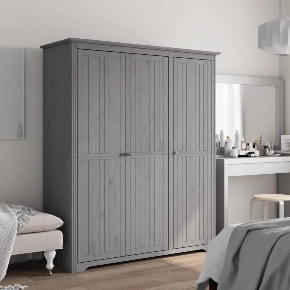 vidaXL - 3-deurs Kledingkast BODO - Massief grenenhout - Grijs - 146x53.5x173 cm