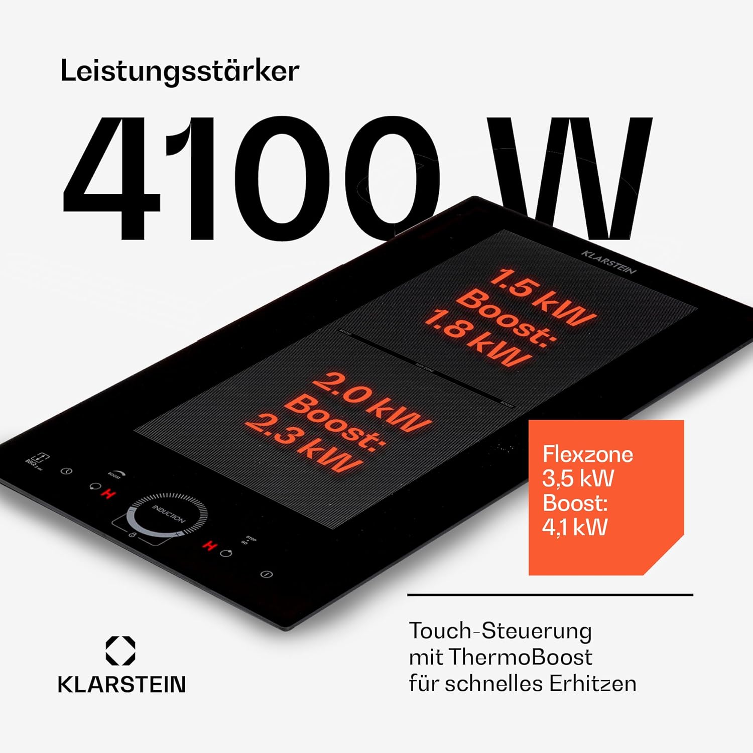 Klarstein Glaskeramik Kochfeld, mit 4 Platten, Einbau-Induktionskochfeld mit Touch-Display, Digitalanzeige und Timer-Funktion, Schnelles Aufheizen, 3500 Watt