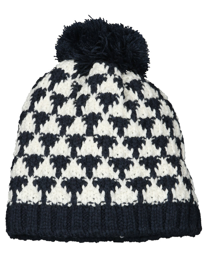 Strick-Mütze PINK ROSE – DREIECKE mit Bommel in navy/wollweiß