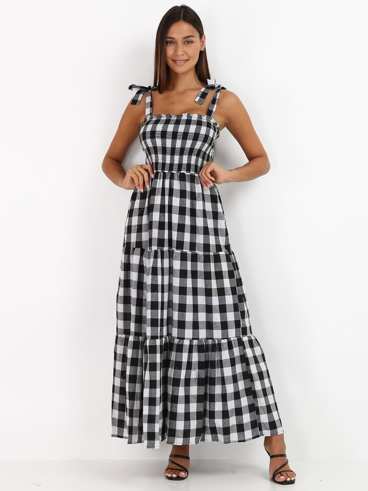 Robe longue smockée motif vichy- Noir