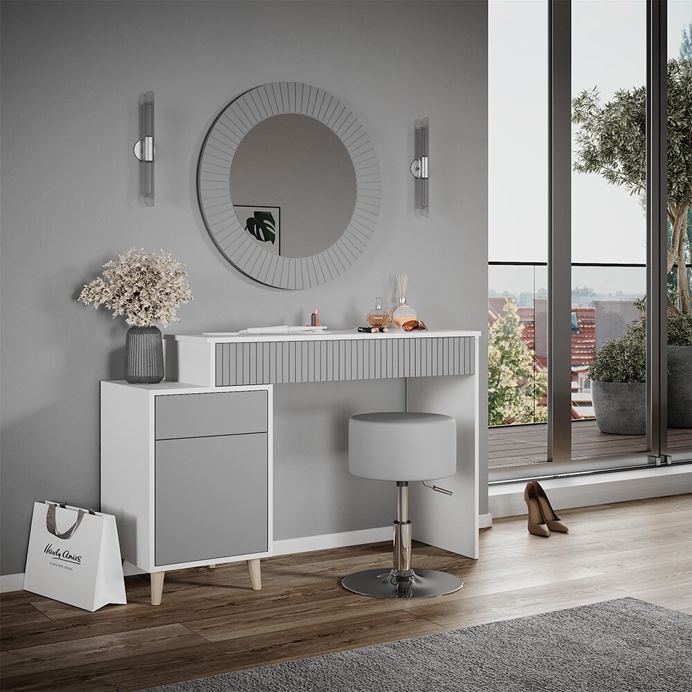 Vicco Schminktisch Frisiertisch Kosmetiktisch Arles Weiß Hellgrau Schminkspiegel Hocker 120x77 cm Skandi Schlafzimmerkommode Schminkkommode Schublade Ablage Aufbewahrung Frisierkommode Make-Up-Tisch