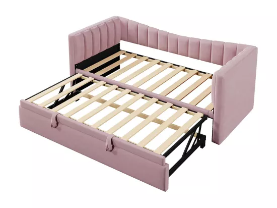 Lit gigogne Lit de jour 90x200 cm (180x200 cm) lit simple lit double avec sommier velours style minimaliste Rose