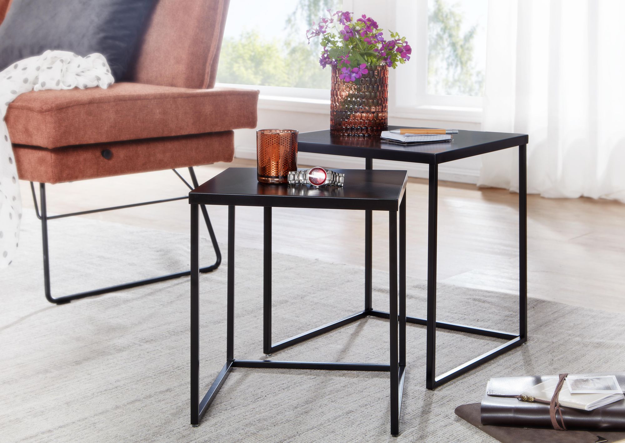 Beistelltisch FineBuy Satztisch Metall 2 teilig Couchtisch Tisch Set Schwarz
