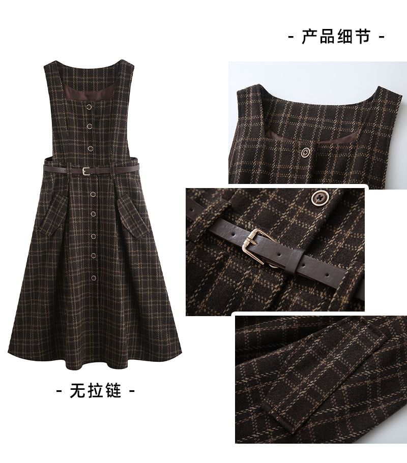 sansweet - Set: Mock Neck Plain Sweater + Plaid Overall Midi A-lijn Jurk
